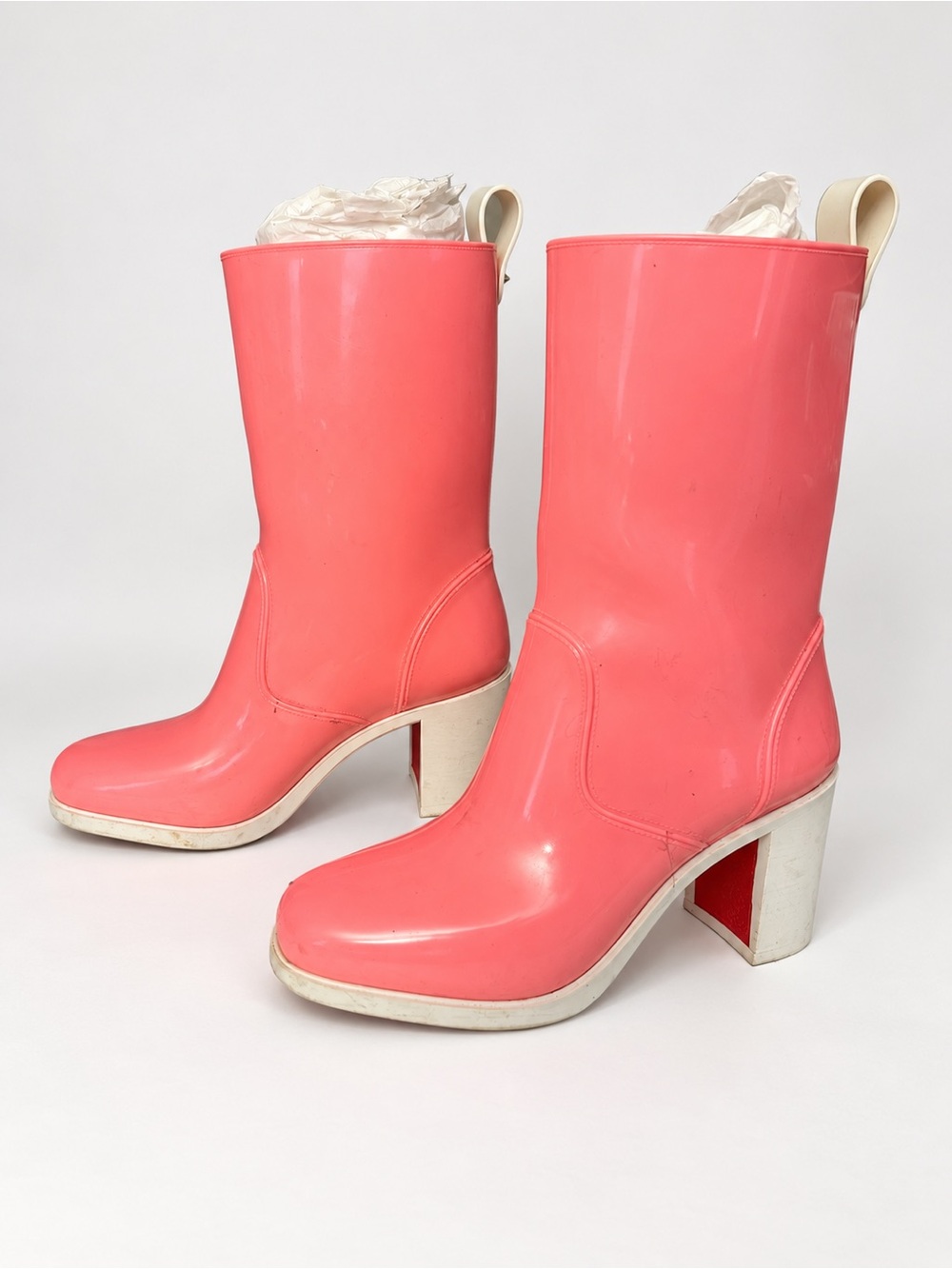 Christian Louboutin Coral Pink Chunky Heel Rain Boots
